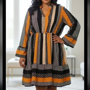 Midi Dress 2X-3X Polka Dots Striped Long Sleeve Black and Mustard/Orange